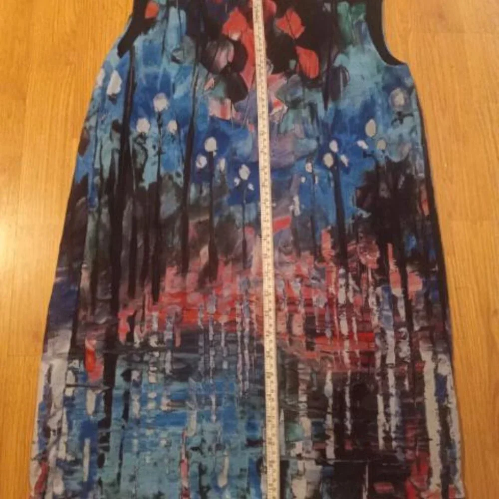 Everly Colorful Blue Red Abstract Watercolor Dress Size S - Picture 2 of 5
